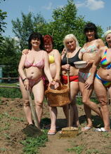 Five naughty mature lesbians go at it outdoors